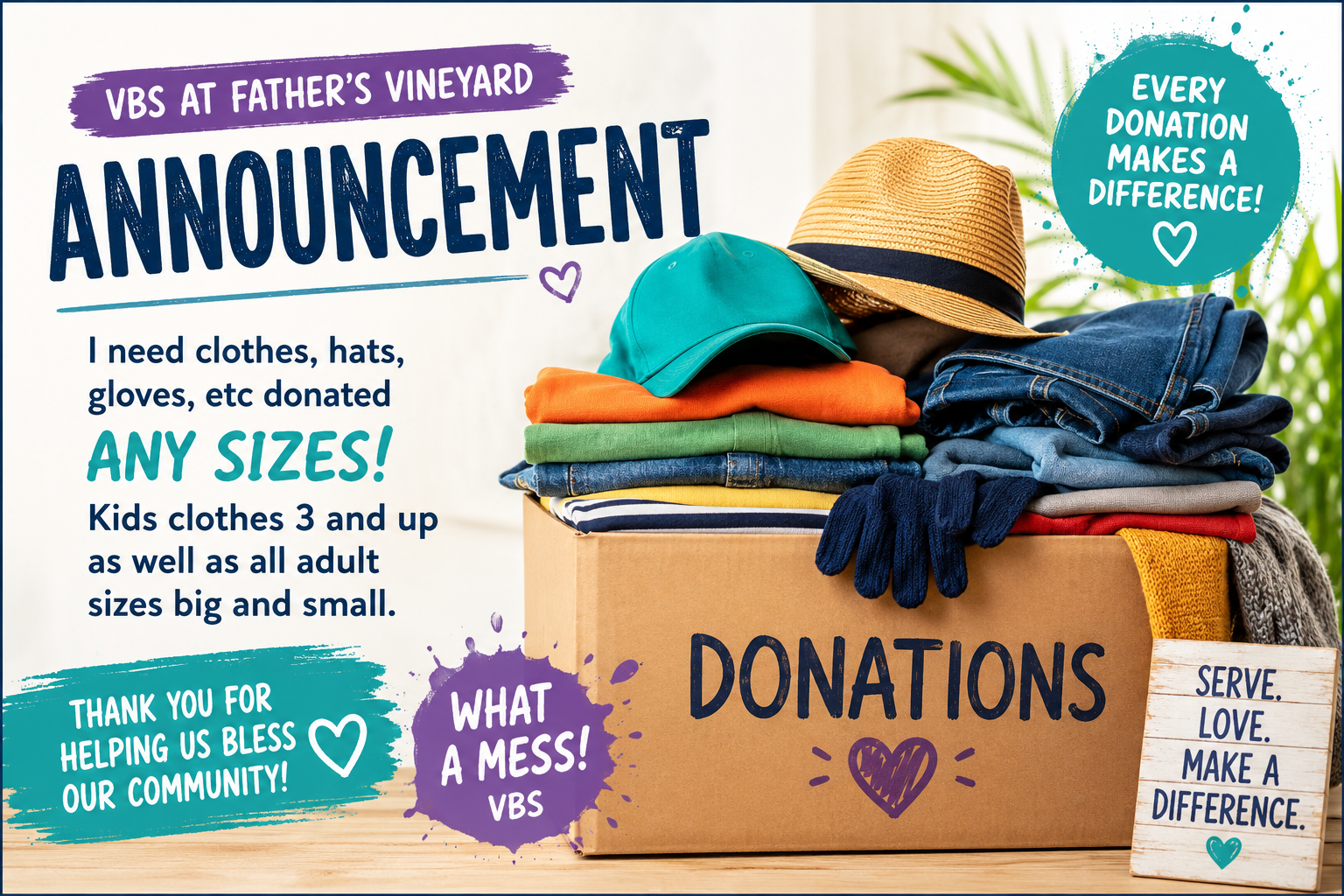 VBS Donation Needs – Help Us Turn “What a Mess!” Into a Blessing!