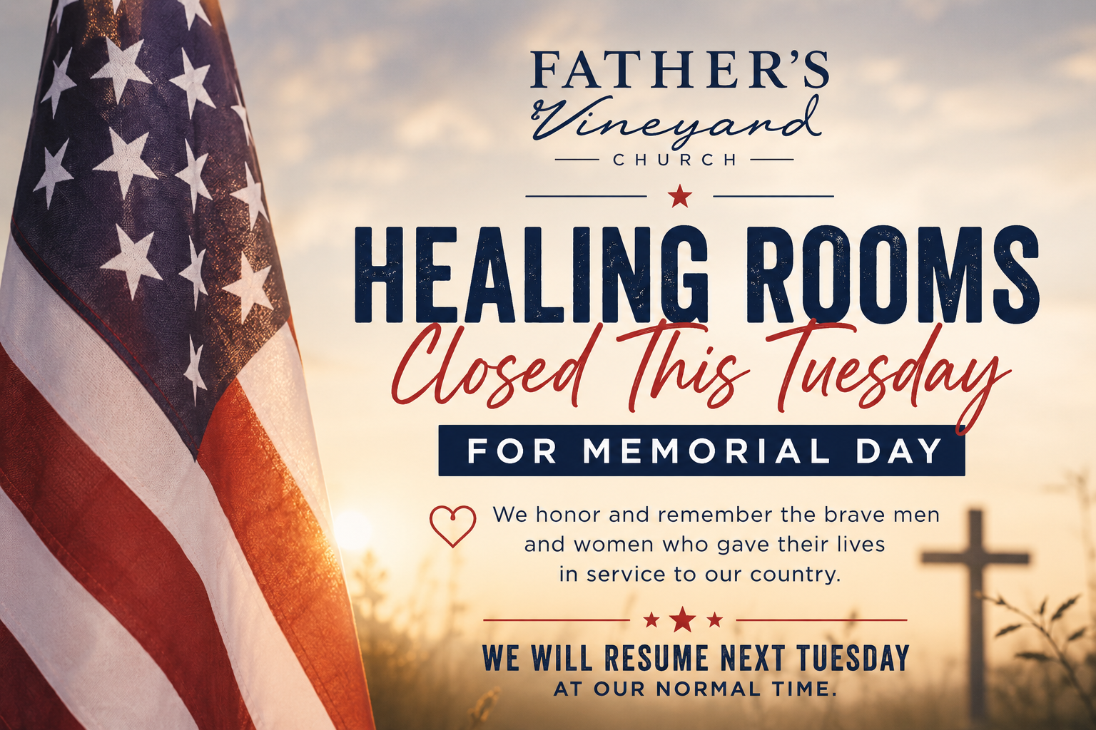 Healing Rooms Closed This Tuesday for Memorial Day