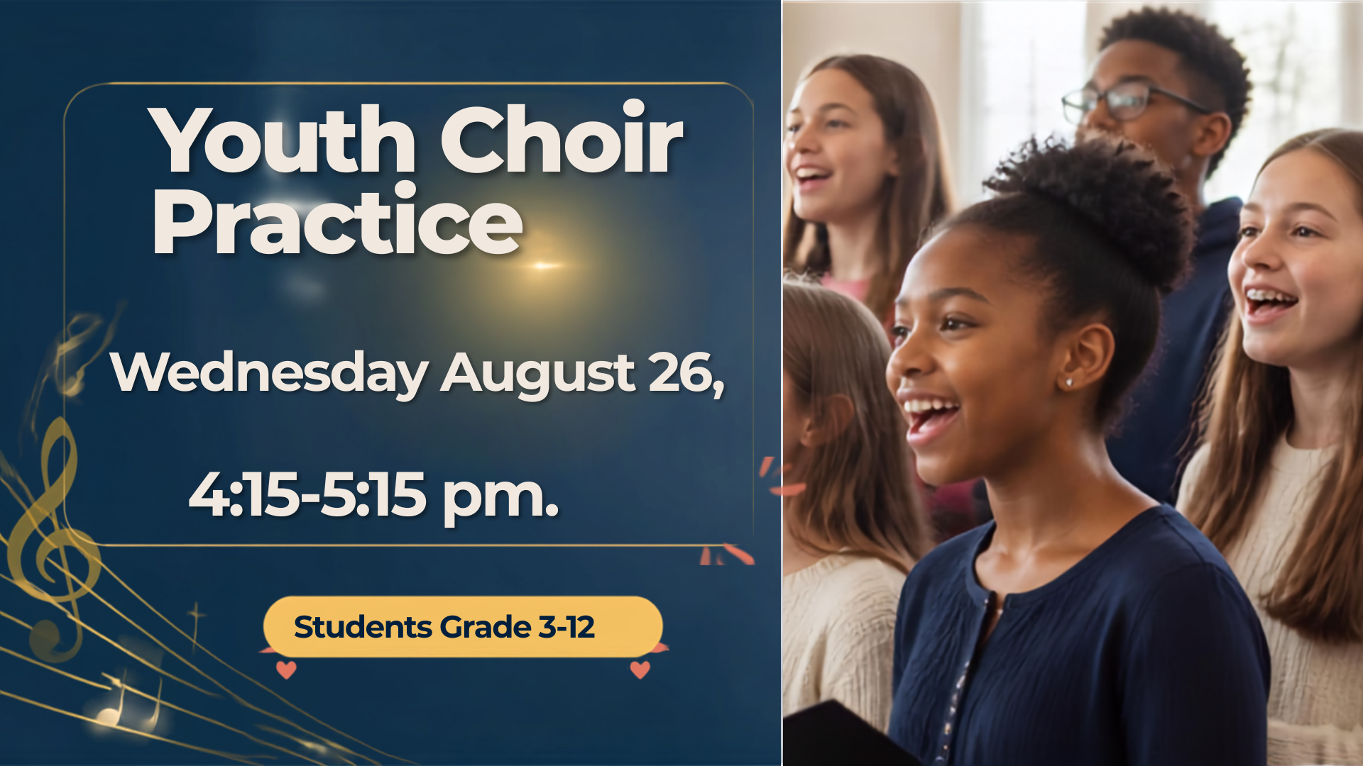 Youth Choir Starts Back Wednesday, August 26 at 4:15 pm Youth Choir Starts Back Wednesday, August 26 at 4:15 pm